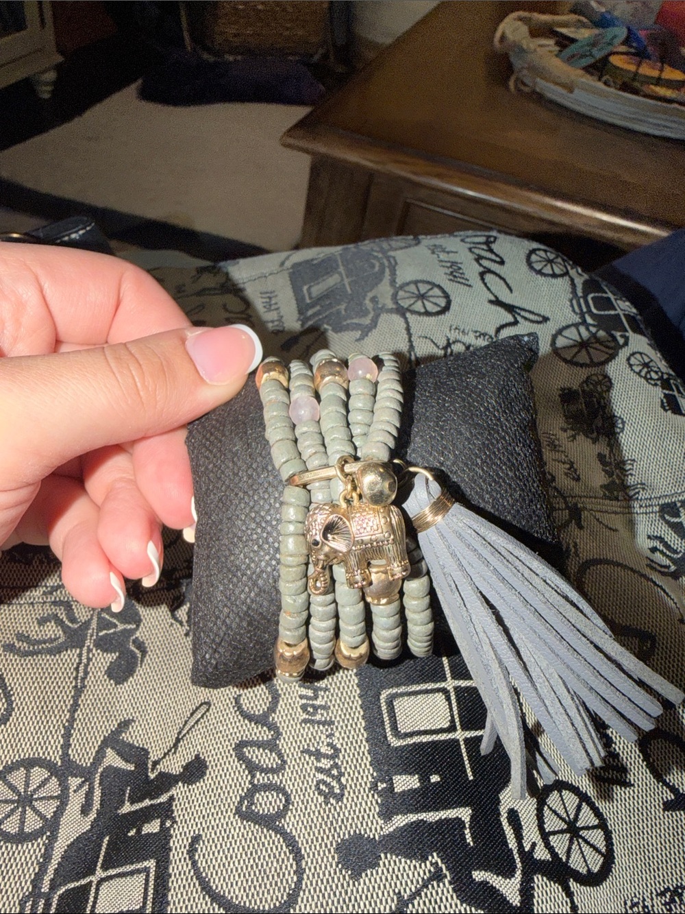 Multi-Strand Gray Beaded Wrap Bracelet with Tassel and Elephant Charm